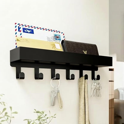 Wall Mount Key Holder with Shelf - Decorative Mail Organizer and Key Hooks for Entryway, Paulownia Wood with Mounting Hardware (9.64”W x 2.36”H x 2.75”L)