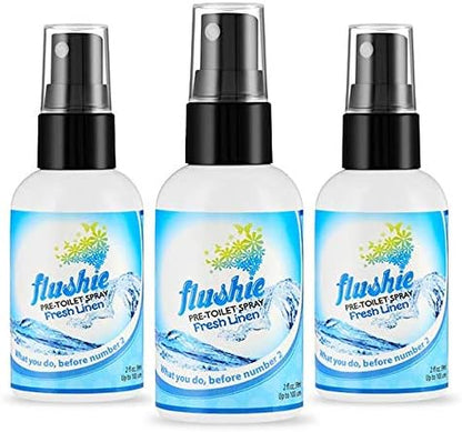Flushie Pre-Toilet Spray Travel Size Toiletries Bathroom Spray for Toilet Deodorizer Traveling Essentials - Poop Odor Eliminator (Linen, 1oz 3pack)