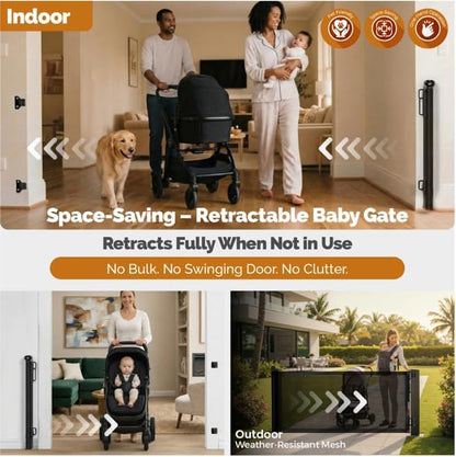 Retractable Baby Gate - 72" Wide Mesh Dog Gate with Support Rods - 34" Tall for Stairs, Doorways, Hallways - Drill or No-Drill - Pet & Cat Gate - Outdoor/Indoor (White, 5.91 Feet)