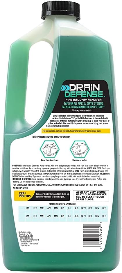 Zep Drain Defense Pipe Build-Up Remover - 64 Ounces - ZLDC648 - Professional Strength Liquid Pipe Build Up Remover,GREEN | Professional Strength, Liquid Formula