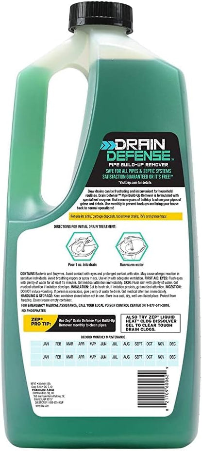 Zep Drain Defense Pipe Build-Up Remover - 64 Ounces - ZLDC648 - Professional Strength Liquid Pipe Build Up Remover,GREEN | Professional Strength, Liquid Formula