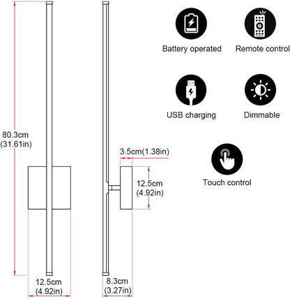 Battery Operated Wall Sconce Set of 2, Black USB Rechargeable Sconces Wall Deco Set of Two, Dimmable Cordless Wall Sconce with Remote Control, LED Wireless Wall Lighting,31.6 in