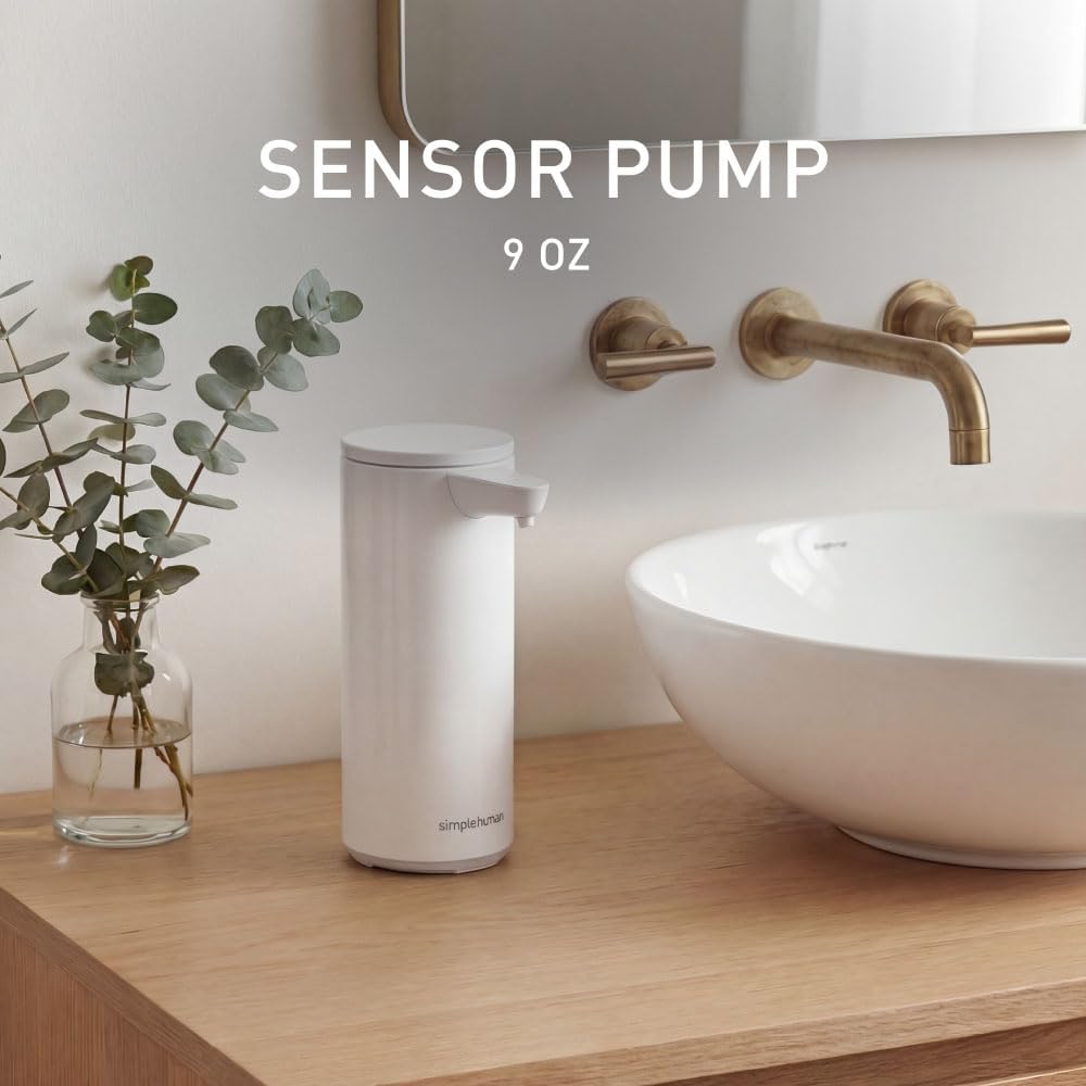 simplehuman Liquid Sensor Pump with Caddy, 9 oz Automatic Soap Dispenser for Kitchen and Bathroom, Touchless Motion Sensor, Variable Dispense, Rechargeable, High-Grade White Steel