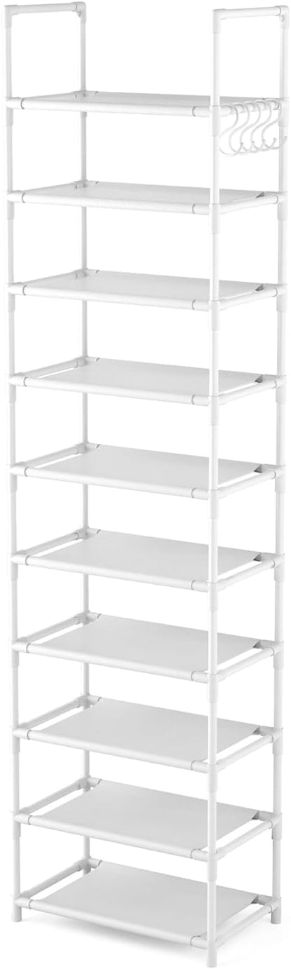 LANTEFUL 10 Tiers Tall Shoe Rack 20-25 Pairs Boots Organizer Storage Sturdy Narrow Shoe Shelf for Entryway, Closets with Hooks, Black