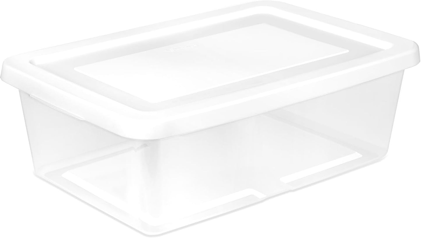 Sterilite 6 Pack Storage Box, 41 Quart Stackable Tote, Clear Plastic Container with Secure Snapping White Lids for Home and Office Organization
