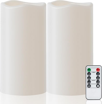 Amagic 3 Pack 4"x 6"8" 10" Outdoor Plastic Electric flameless Candles with Remote Control and Timer, Battery Operated Flickering LED Pillar Fake Candle for Home, Wedding Decor, Ivory