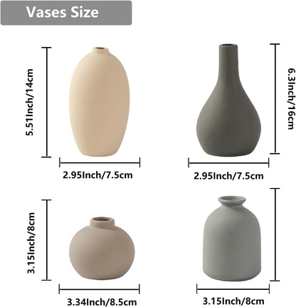 Ceramic Vase Set of 4 Small Vases Home Decor Modern Rustic Farmhouse Pottery Decorative Flower Vases for Pampas Grass Dried Fresh Flowers, Living Room, Bedroom, Table Centerpiece, Mantel, Shelf
