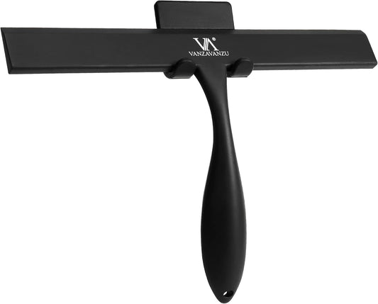 Shower Squeegee for Glass Doors, 11-Inch Silicone Squeegee with Non-Slip Handle and Adhesive Hook for Bathroom, Mirror, Tile, Car Window (Black)