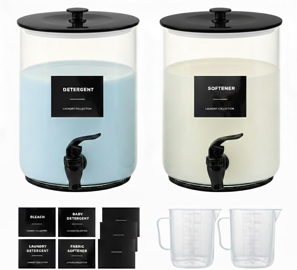 Glass Laundry Detergent Dispenser for Laundry Room Organization-Black | 1 Gallon Large Liquid Soap Dispenser with Black Metal Lid & Leak-Proof Spigot, 1 Measured Cups, 1 Silicone Mats & 9 Labels