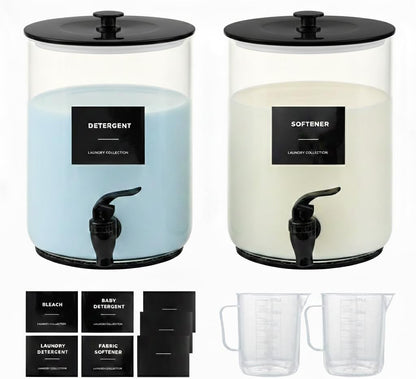 Glass Laundry Detergent Dispenser for Laundry Room Organization-Black | 1 Gallon Large Liquid Soap Dispenser with Black Metal Lid & Leak-Proof Spigot, 1 Measured Cups, 1 Silicone Mats & 9 Labels