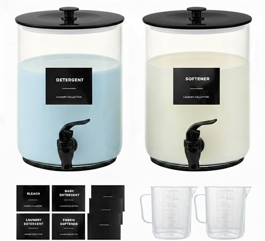 Glass Laundry Detergent Dispenser for Laundry Room Organization-Black | 1 Gallon Large Liquid Soap Dispenser with Black Metal Lid & Leak-Proof Spigot, 1 Measured Cups, 1 Silicone Mats & 9 Labels