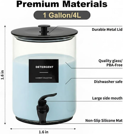 Glass Laundry Detergent Dispenser for Laundry Room Organization-Black | 1 Gallon Large Liquid Soap Dispenser with Black Metal Lid & Leak-Proof Spigot, 1 Measured Cups, 1 Silicone Mats & 9 Labels