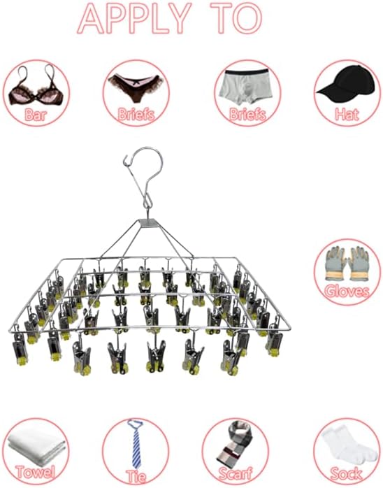 Quick Release Stainless Steel Laundry Drying Rack with Clips, Swivel Hook Wind-Proof Clothes Hanger Rack for Sock, Bras, Underwear, Laundry (Rectangle 30 Clips)