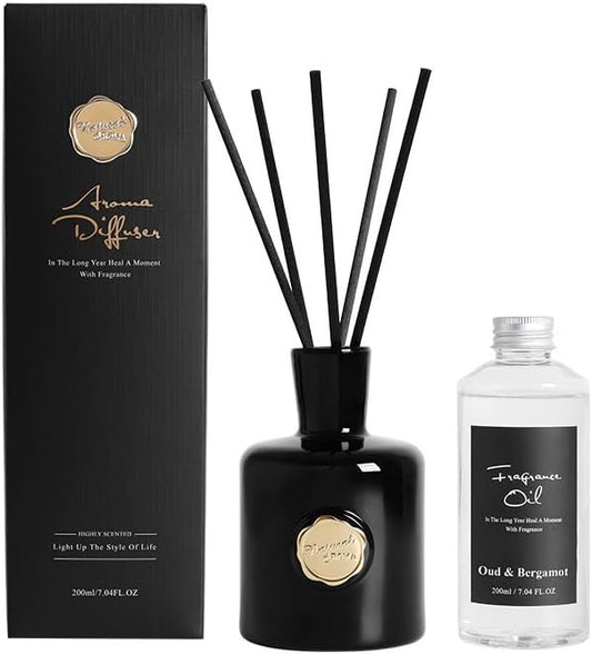 Reed Diffuser Set-Oud&Bergamot-Strong Scent, Long-Lasting Evaporation with Natural Reed Sticks & Essential Oils, Elegant Fragrance for Bathroom Bedroom Office Decor Air Fresh-Ideal Gifts