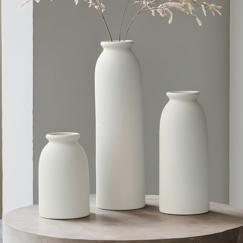 Ceramic Vase Set-3, Small Flower Vases for Decor, Modern Boho Farmhouse Style, Decorative Vases for Pampas Grass & Dried Flowers, Distressed Finish (Beige)