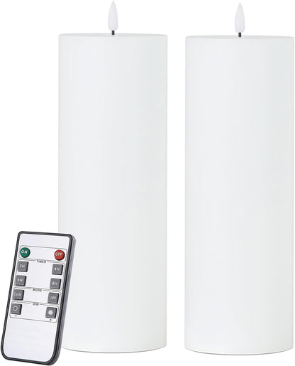 volnyus White Flameless Candles Set of 2 (3x6 inch) Flickering LED Wax Candles Battery Operated with Remote Control Timers for Night Light/Fireplace/Party Dimmable Pillar Candles Flat top