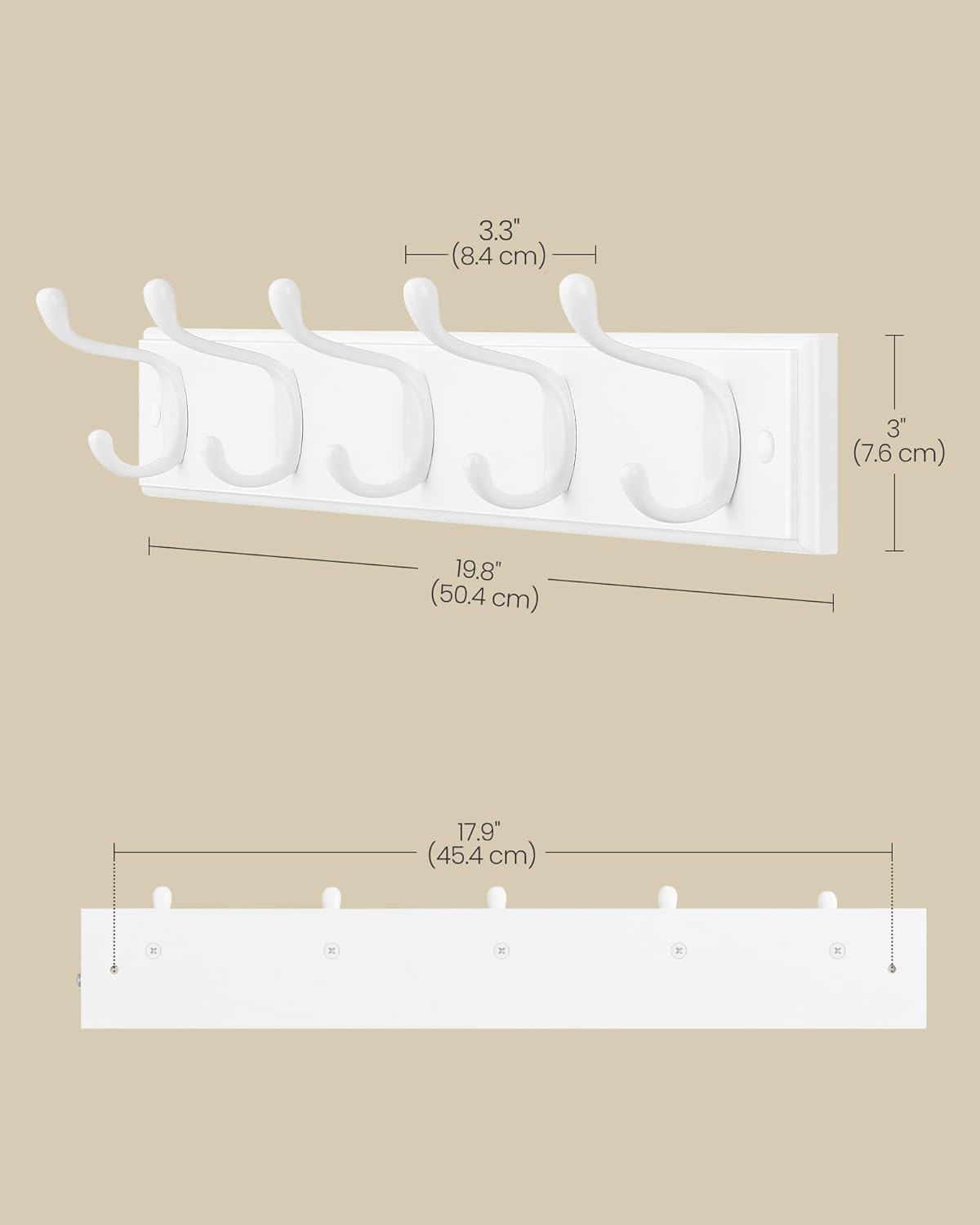 SONGMICS Wall-Mounted Coat Rack, Hook Rack, 4 Dual Metal Hooks, White | For Coats, Bags, Keys, in the Entryway, Bedroom, Living Room ULHR23WT