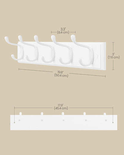 SONGMICS Wall-Mounted Coat Rack, Hook Rack, 4 Dual Metal Hooks, White | For Coats, Bags, Keys, in the Entryway, Bedroom, Living Room ULHR23WT