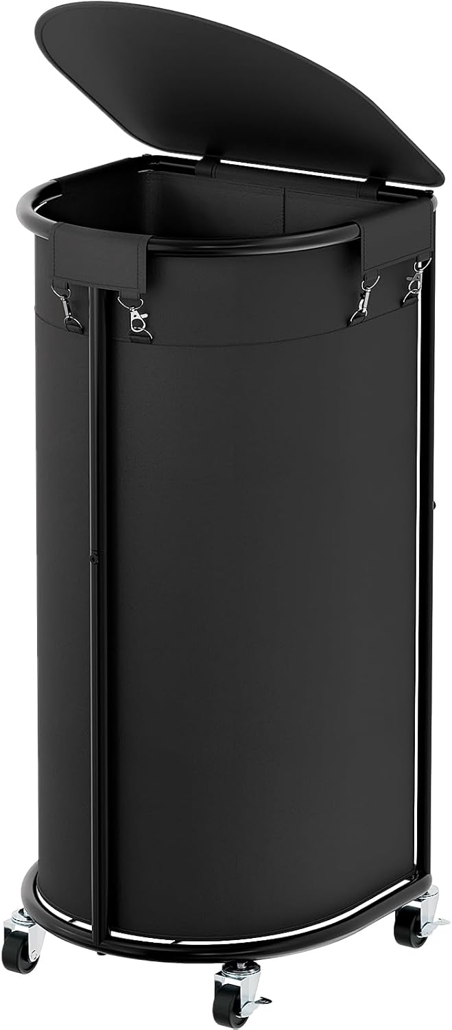 200L Double Laundry Hamper with Lid and Wheels, Large Oval Rolling Laundry Basket 2 section, Sturdy Metal Laundry Cart with 2 Removable Bags, Dirty Clothes Organizer for Home, Dorm, Black