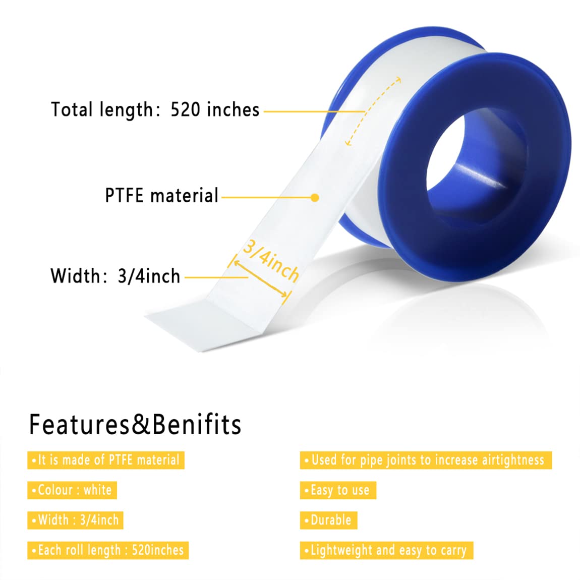 VOTMELL 4 Rolls 3/4 Inch(W) X 520 Inches(L) Teflon Tape for Plumbers, PTFE Thread Seal, Pipe Sealing, Shower Head - White