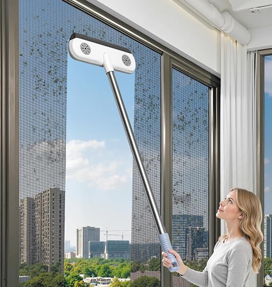 Window Screen Cleaner Brush,Dual-Sided Window Cleaning Tool,34.65 Inch Splicing Rod, Wet and Dry Use for High-Rise Windows, No-Dismantling Cleaning Equipment