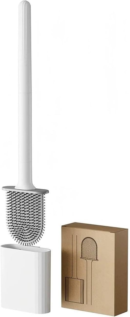 Silicone Toilet Brush with Wall-Mounted Holder - No Dead Corners, Quick-Drying, Drill-Free Bathroom Cleaner (White Square)