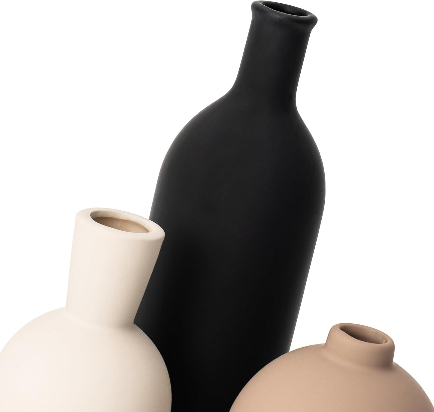 Ceramic Vase Set of 3, Modern Minimalist Neutral Home Decor, Boho Rustic Farmhouse Decorative Vases for Pampas Grass Dried Flowers | Table Centerpiece Entryway Mantel Bookshelf(Black Mix Set - Gray#1)