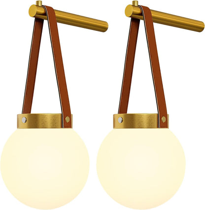 Battery Operated Wall Sconces Set of 2, Gold Wall Lamps for Bedroom with Remote Control Warm/Natural/Daylight/RGB 15 Colors Dimmable Rechargeable Wireless Globe Wall Lights Retro Living Room Hallway
