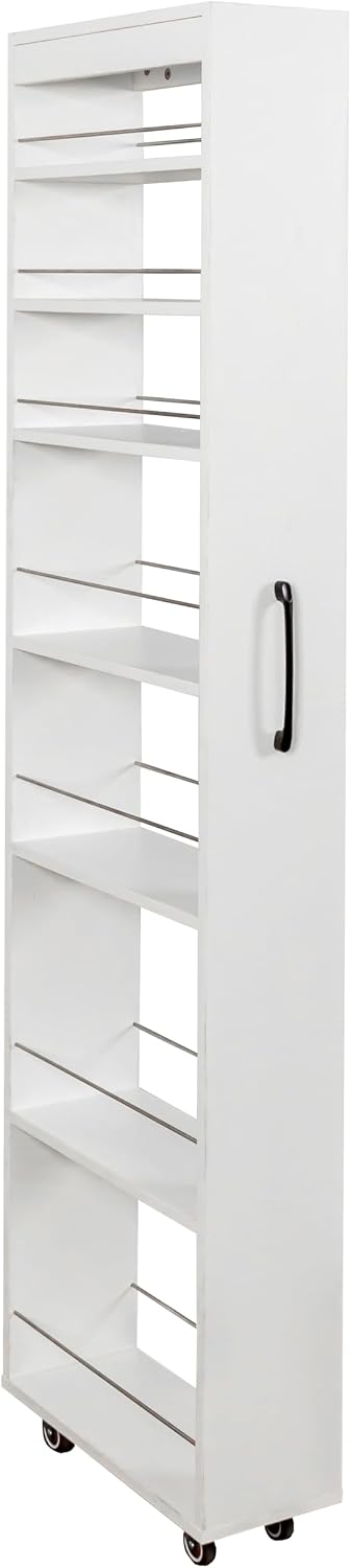 68'' Tall Narrow Storage Cabinet with Handle & Wheels, 7 Tier Pull-Out Kitchen Pantry Cart, Rolling Slim Freestanding Organizers Shelf Spice Rack for Small Spaces (White-Wheels, 7 Tier)