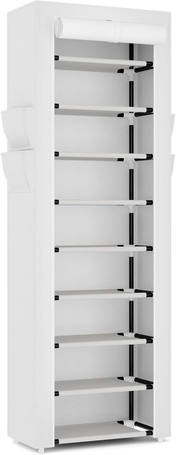 VILICK Shoe Rack with Cover Narrow Shoe Organizer with 4 Side Pockets 10 Tier Tall Shoe Storage Holds 18-22 Pairs Shoes and Boots Shoe Rack for Closet Entryway Garage