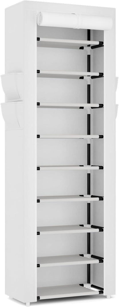 VILICK Shoe Rack with Cover Narrow Shoe Organizer with 4 Side Pockets 10 Tier Tall Shoe Storage Holds 18-22 Pairs Shoes and Boots Shoe Rack for Closet Entryway Garage