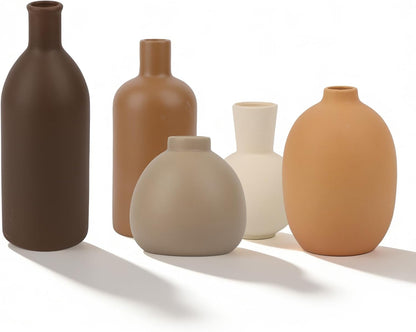 Ceramic Vase Set of 5, Neutral Decorative Vases for Home Decor, Modern Farmhouse Boho Pottery Vases, Terracotta Small Vases for Living Room, Entryway Table Decor