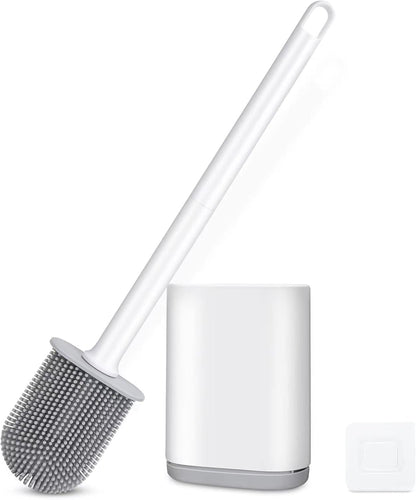 Silicone Toilet Brush and Holder Bendable Efficient Cleaning Wall Mounted Toilet Bowl Brush with Long Handle Brush Head and Silicone Bristles No Rusty Handles Problem (White)