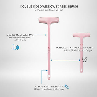 Window Screen Cleaning Brush, Double-Sided Mesh Tool with 13-Inch Handle for in-Place Maintenance, PP Plastic
