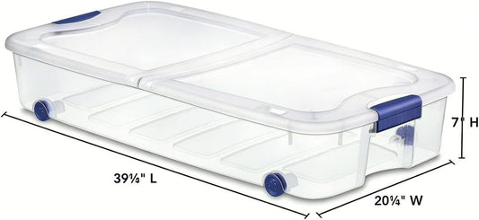 66 Quart Wheeled Latch Box, Clear Underbed Storage Bin with Lid, Blue