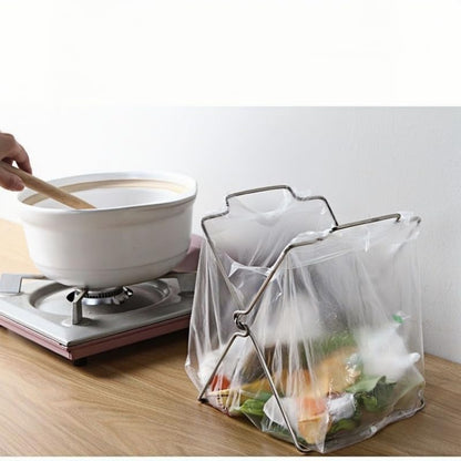 Tabletop Trash Bag Holder-Folding Stainless Steel Trash Bag Holder 11" Garbage Storage Metal Bracket for Countertop,Kitchen,Waste,Living Room,Dining Room,Bar Counter,Indoor Outdoor (Sliver)