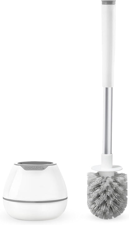 BOOMJOY Toilet Brush and Holder Set, Silicone Toilet Bowl Cleaner Brush, Bathroom Cleaning Bowl Kit with Tweezers, Bathroom Accessories with Aluminum Handle - White