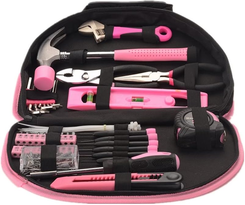 FLZOSPER 69-Piece Pink Hand Tool Set -Lady's Essential Home Repairing Tool Kit General Household Tool Set with 12-Inch Storage Tool Bag