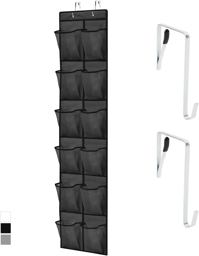 GORILLA GRIP Over the Door Shoe Organizer, 24 Large Breathable Mesh Pockets, Space Saving Hanging Storage Holder, Closet Rack Hanger Holds Up to 40 lbs, Hangs on Closets for Shoes, Accessories, Grey