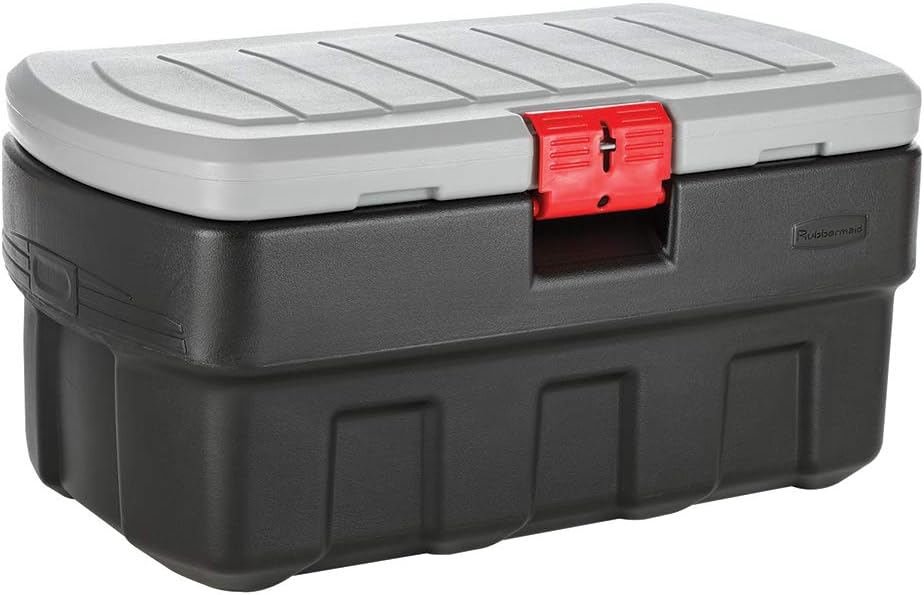 Rubbermaid ActionPacker 35 Gallon, Made in USA, Lockable Plastic Storage Bin with Lid and Wheels- Outdoor, Industrial, Rugged, Camping Gear and Truck Bed Storage - Gray and Black
