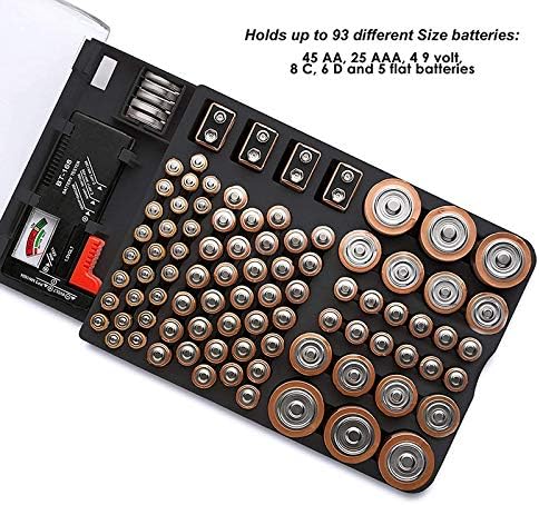 The Battery Storage Case,Organizer with Hinged Clear Cover, with Battery Tester, Holds 93 Batteries Various Sizes, Black, 500036371A2