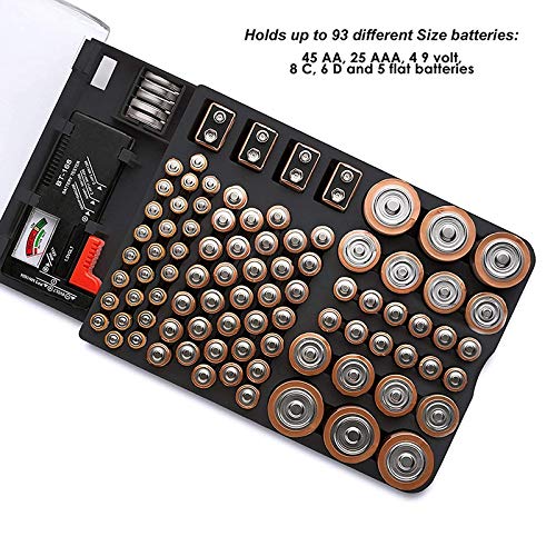 The Battery Storage Case,Organizer with Hinged Clear Cover, with Battery Tester, Holds 93 Batteries Various Sizes, Black