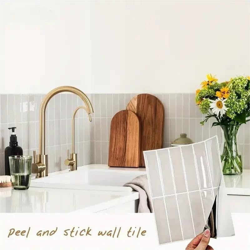 Heikki 20-Piece Kitchen Splash Guard Stickers, Peel-and-Stick Tile Splashbacks for Kitchen Islands, Bathrooms, Laundry Rooms, RVs, and Rental Spaces, 11.43 × 9 inches (Beige)