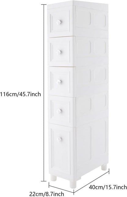 Slim Bathroom Storage Cabinet Freestanding Narrow Plastic Rolling Cart Bathroom Organizer with Drawers for Small Space Office, White (4-Tier)