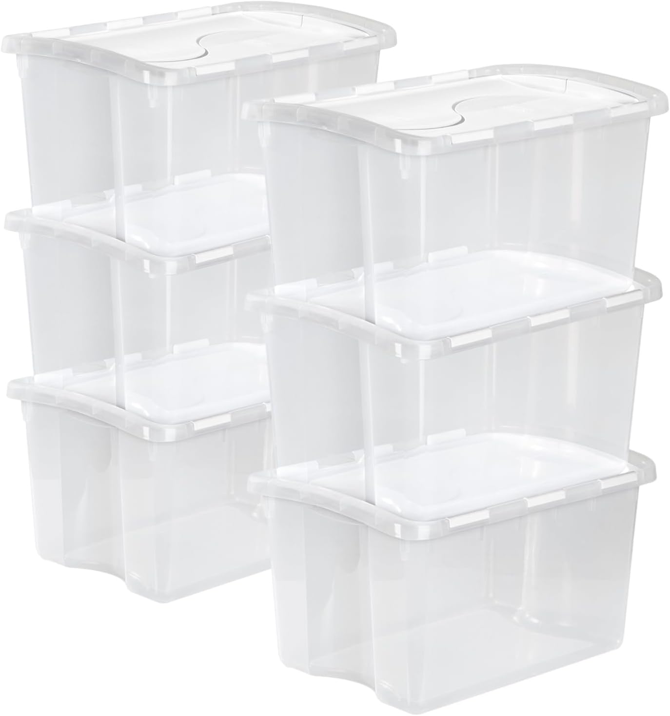 Sterilite 6 Pack Storage Box, 41 Quart Stackable Tote, Clear Plastic Container with Secure Snapping White Lids for Home and Office Organization