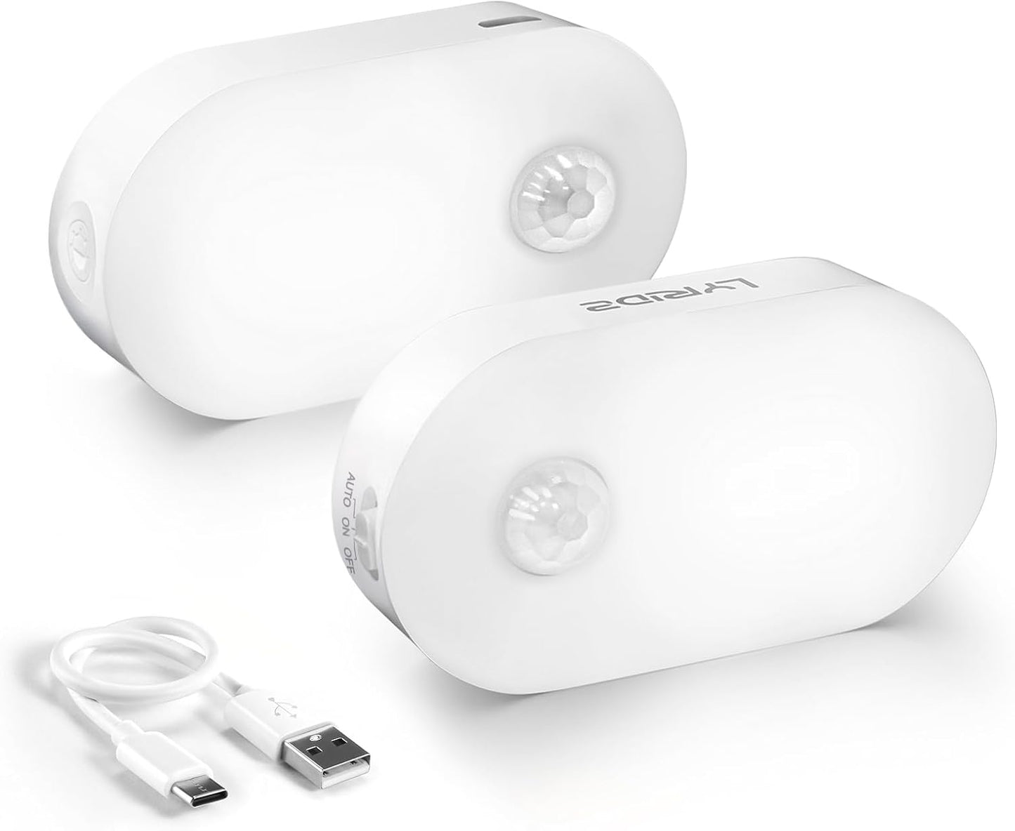 Lyridz Rechargeable Battery Night Light with Motion Sensor, Portable Mini Warm White LED Stick-on Closet Light, Adjustable Brightness for Bathroom, Bedroom, Kitchen, Cabinet, Stairs, Hallway, 2-Pack