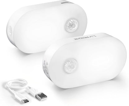 Lyridz Rechargeable Battery Night Light with Motion Sensor, Portable Mini Warm White LED Stick-on Closet Light, Adjustable Brightness for Bathroom, Bedroom, Kitchen, Cabinet, Stairs, Hallway, 2-Pack