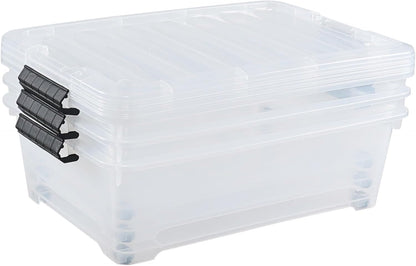 Hespama 3 Pack Plastic Rolling Storage Box Bin for Under the Bed, 20 Quart | Lidded Storage Container Bin, Clear