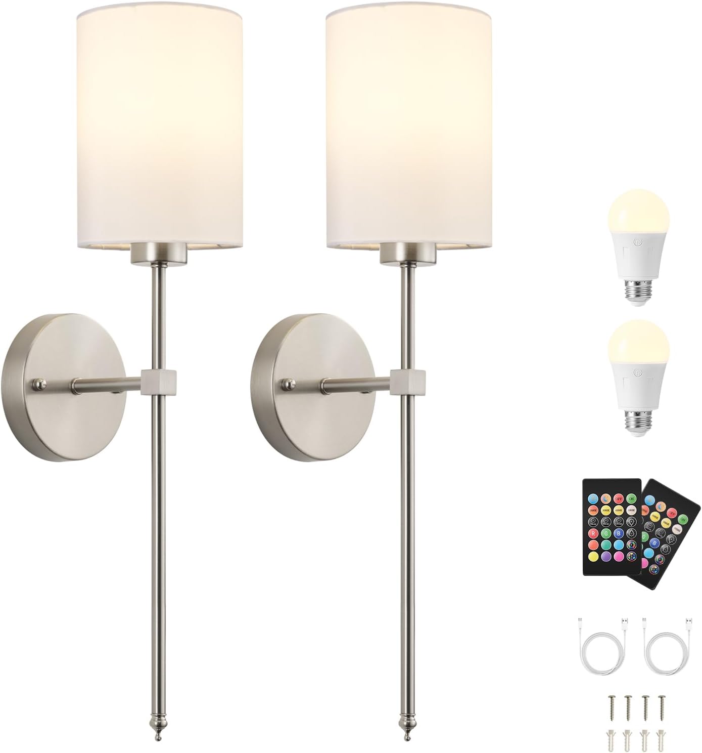 Battery Operated Wall Sconces Set of Two,Wireless Rechargeable Wall Light With Remote Control, Dimmable, Amber Light/Warm White/Natural White/Daylight/RGB, Timer,for Living Room,Bedroom,Entryway,Gold