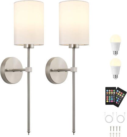 Battery Operated Wall Sconces Set of Two,Wireless Rechargeable Wall Light With Remote Control, Dimmable, Amber Light/Warm White/Natural White/Daylight/RGB, Timer,for Living Room,Bedroom,Entryway,Gold